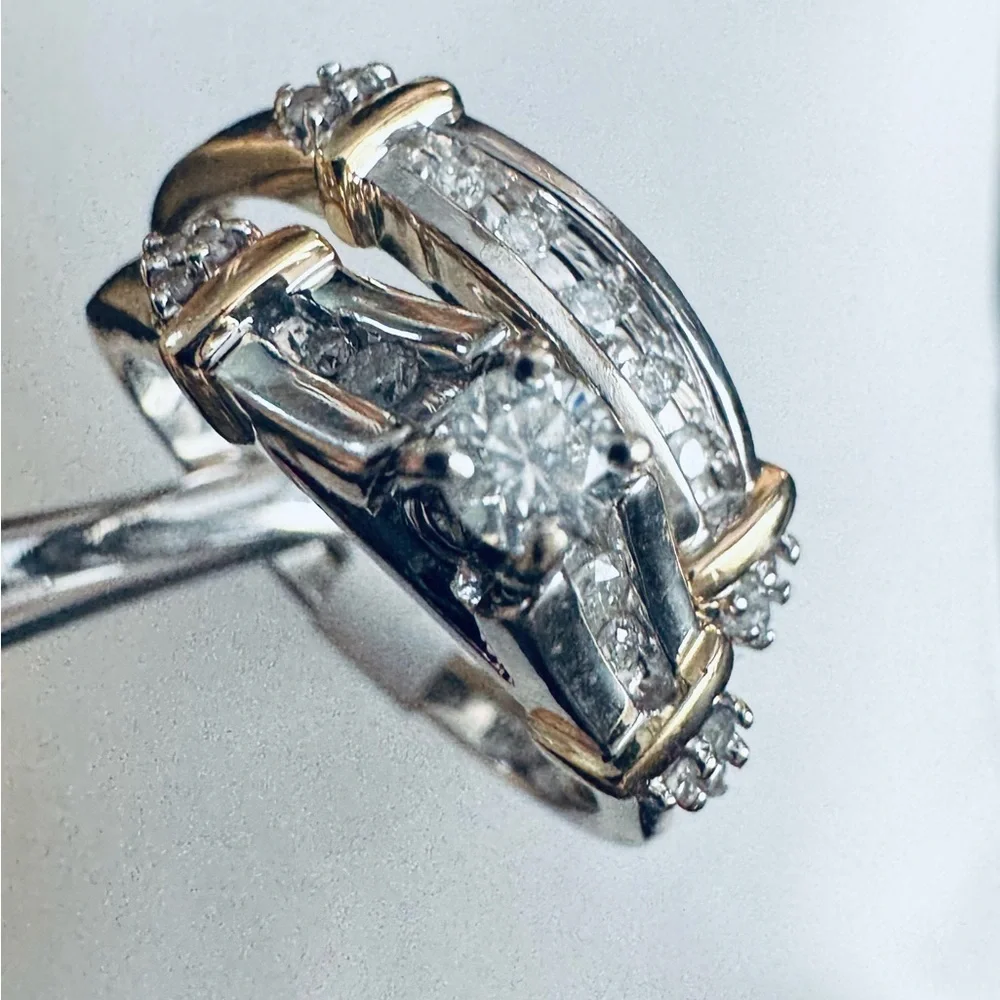 14K White and Yellow Gold Diamond Bridal Ring Set size 8.25